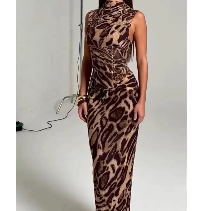 Leopard Print Dress Women's Temperament Waist Slim Fishbone Fixed Drawstring Dress Spring Summer Sleeveless Commuting Long Skirt