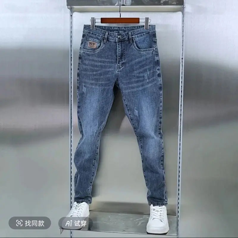 New Men's Jeans Slim-fitting Small Feet High-end Blue-gray Washed Casual Blue Long Slim Fit Work Stretch Cowboy Man Pants
