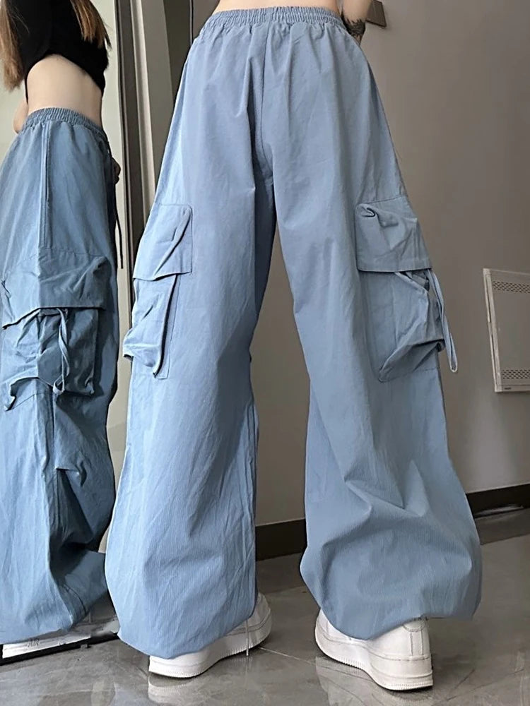 Women Korean High Waisted Slacks Lady Japanese 2000s Style Y2k Lace Up Cargo Trousers Female Yellow Pink Blue Black Joggers