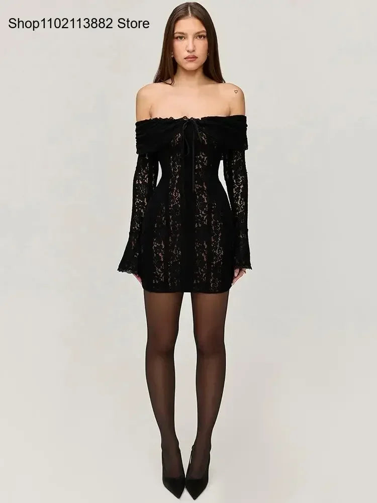 Elegant Lace Off-Shoulder Sexy Maxi Dress Women Strapless Backless Long Sleeve Bodycon Evening Club Party Long Dress