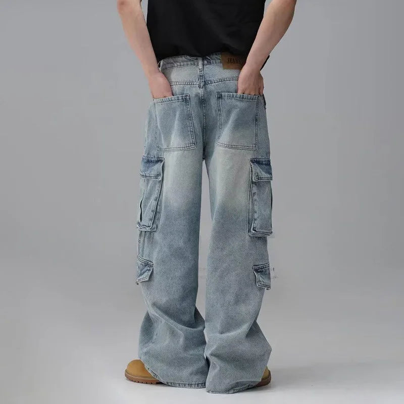 Men'S Spring And Summer Multi Pocket Workwear Design Jeans Retro Washed Japanese And Korean Casual Pants Loose Wide Leg Pants