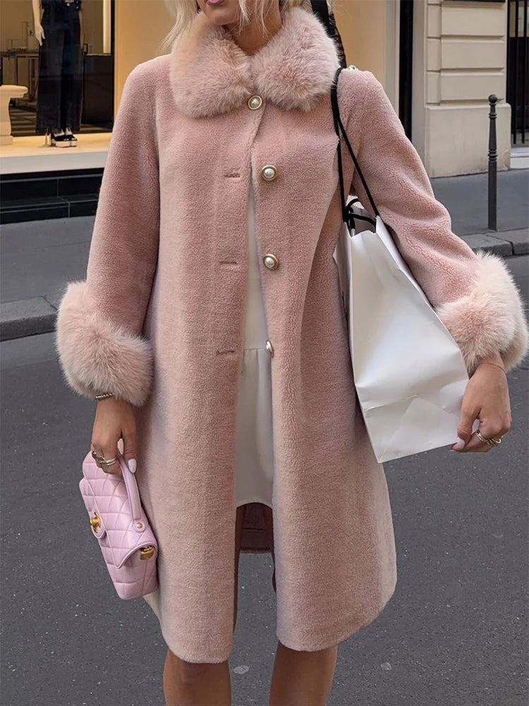 Trendix Elegant Faux Fur Collar Coat Women Winter Slim Patchwork Pocket Warm Trench Street Casual Long Faux Fox Fur Outerwear