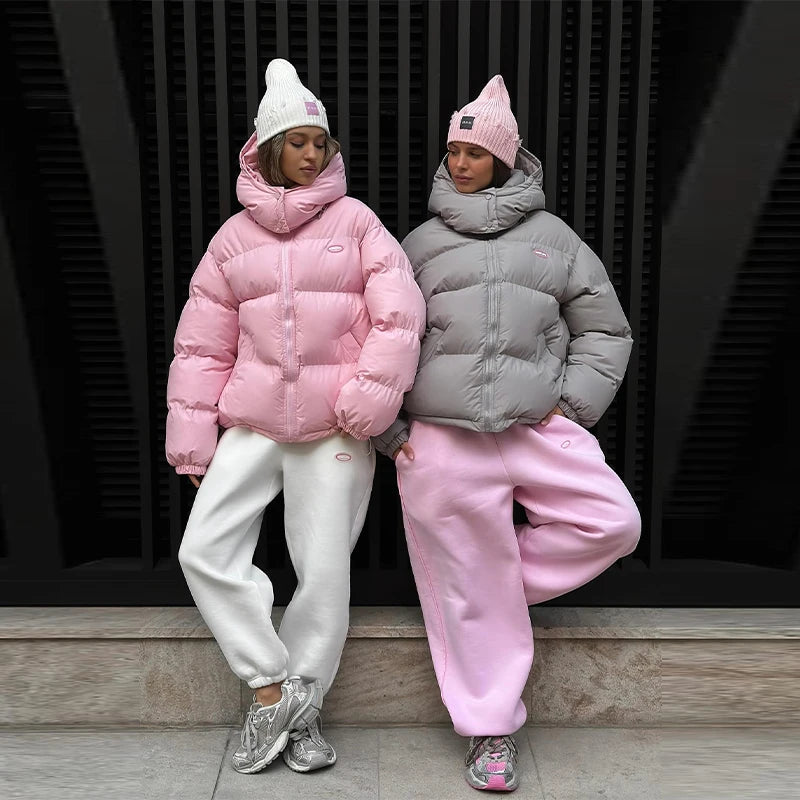 Oversized Puffer Women Jackets Coat Print Hooded Zipper Parka Coats Loose Mid‑Length Warm Winter Outerwear With Big Pockets