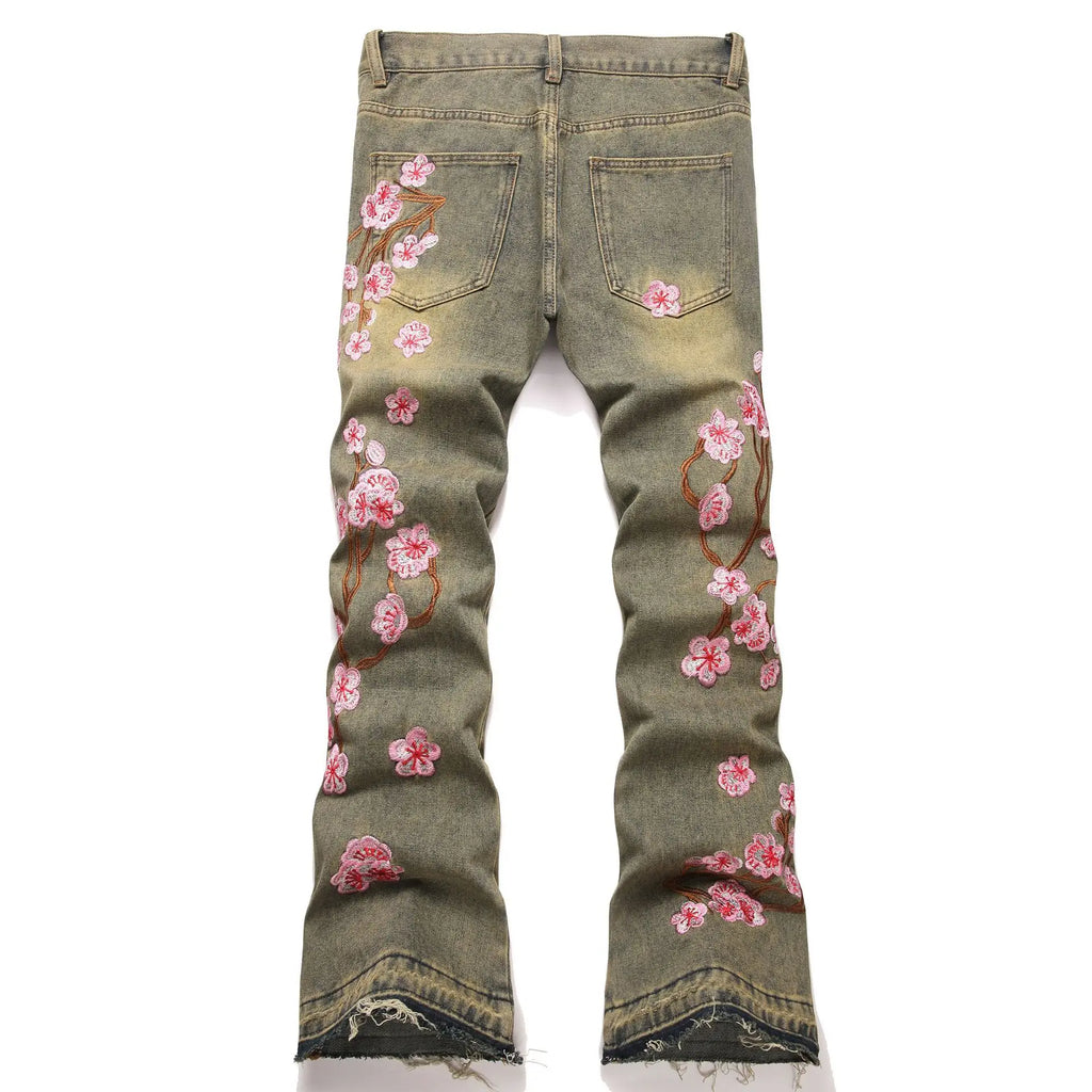 Jeans Men Flare Pants Embroidery Mid Waist Vintage Distressed Denims Boot Cut Male Washed Trousers Streetwear Spring 2026