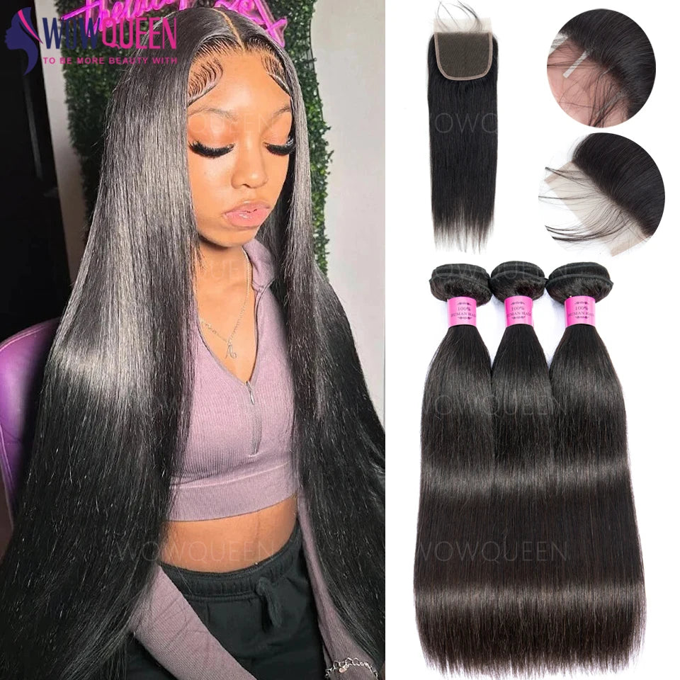 22 24 26 Inch Human Hair Bundles with Closure Straight Bundles Human Hair With 4x4 Closure 100% Unprocessed Raw Hair Bundles