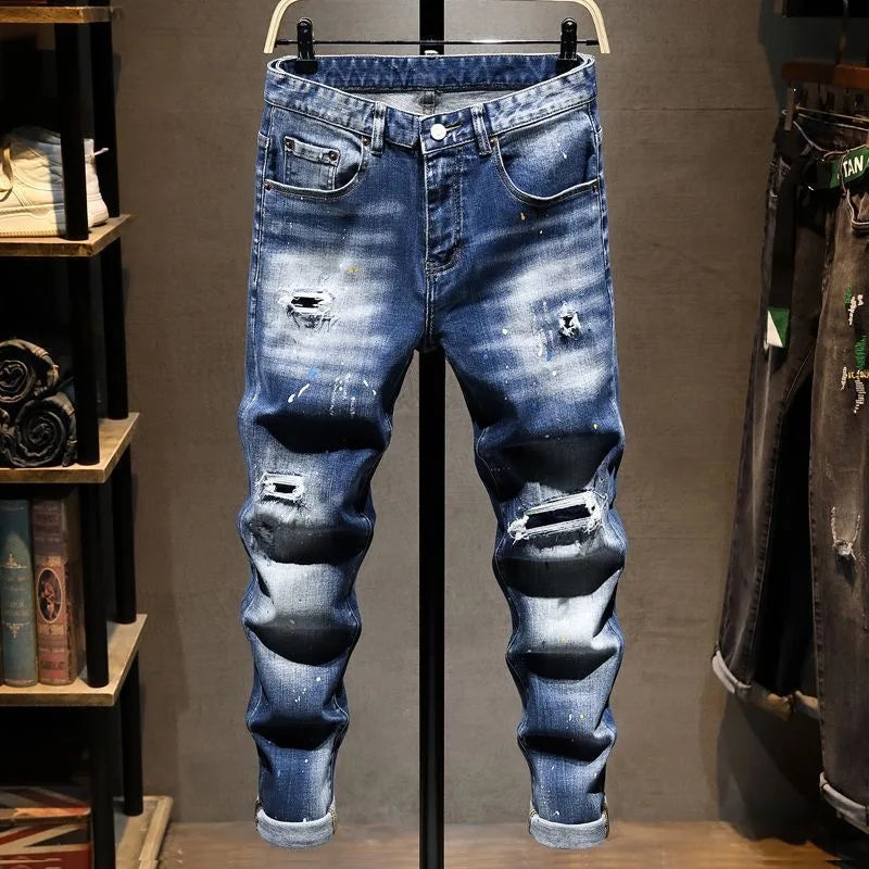 Spring and Autumn New Fashion Trend Straight Tube Perforated Elastic Jeans Men's Casual Slim Fit Sports High-Quality Pants 28-36
