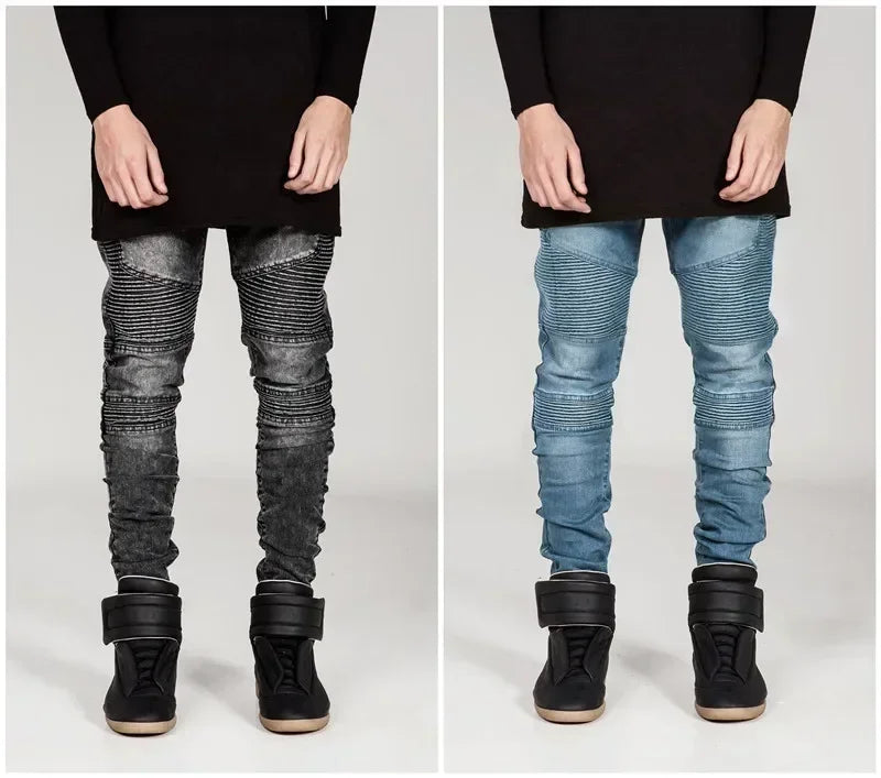 Men Washed Distressed Jeans Pencil Pants Mid Waist Denims Vintage Pockets Button Zipper Fly Streetwear Ankle Length Trousers