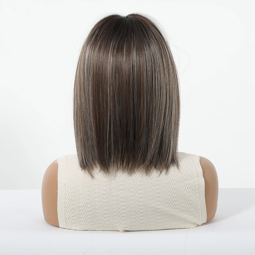 Brown Synthetic Wigs With Bangs Short Straight Bob Wigs For Women Daily Party Natural Looking Heat Resistant Fiber Fake Hair