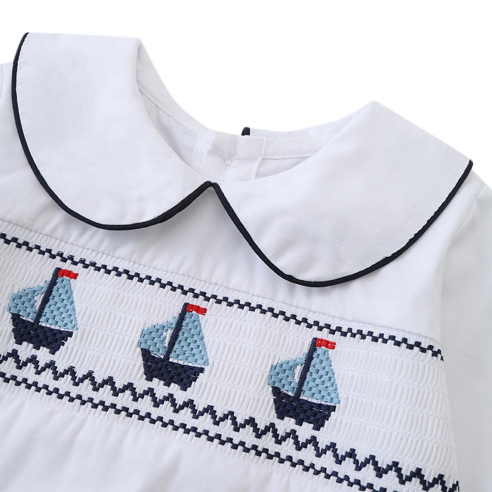 Baby Boy's 2 Pieces Summer Boutique Clothing Set Smocking Boat Design for Infant Daily Dress Toddler School Uniform Cotton Suit