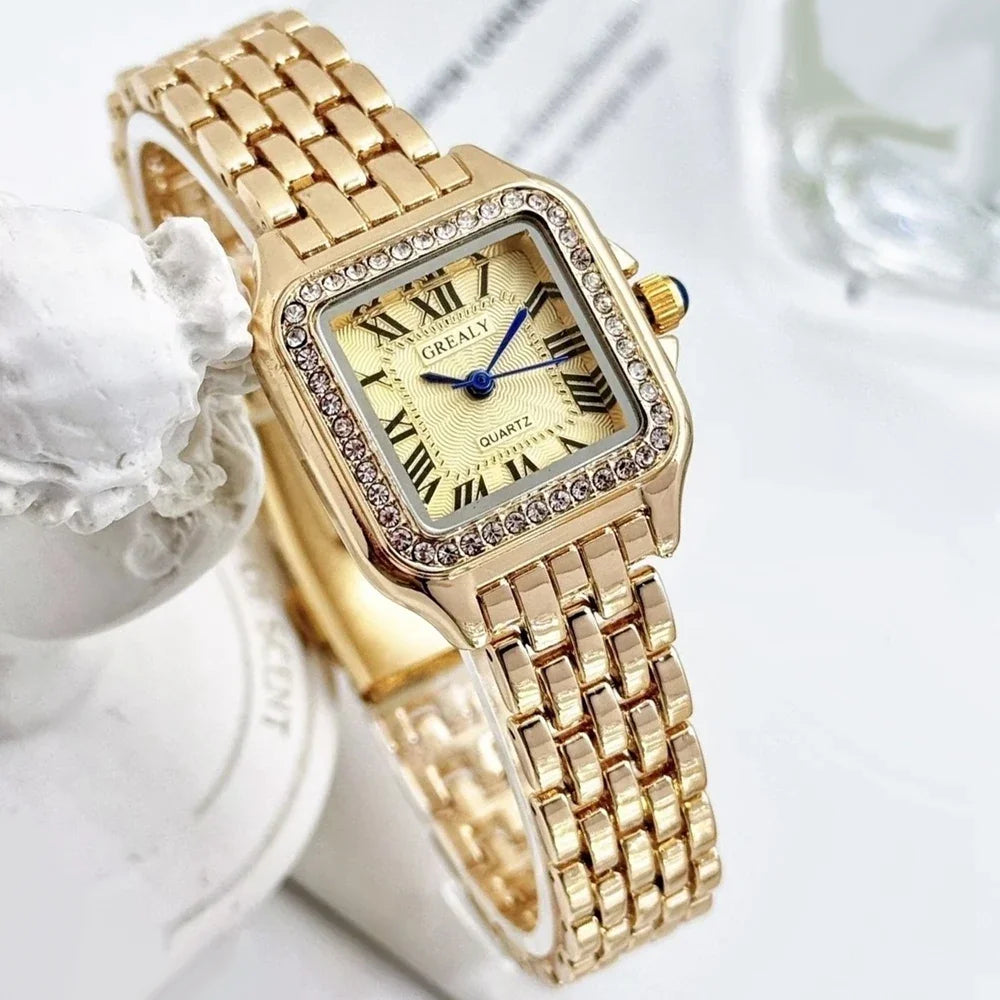 Fashion Square Women Watches Luxury Stainless Steel Strap Ladies Wristwatch Opening-cuff Bracelet Bangle Set Relogio Feminino