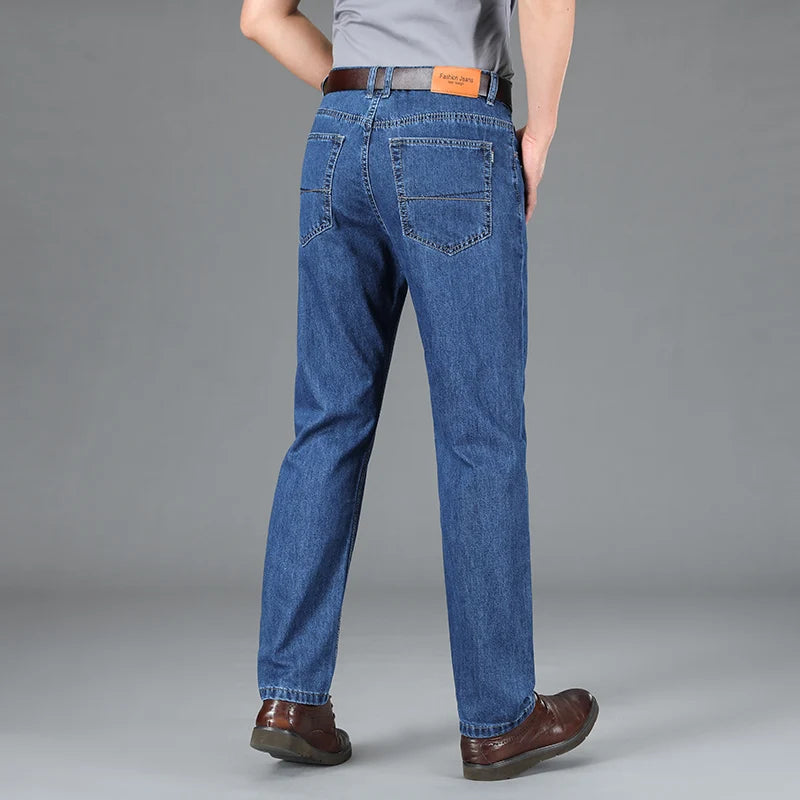 High Quality Jeans Men Spring Summer 100%Cotton Classics Business Straight Denim Pants Dark Blue Trousers Male Plus Size 40 42