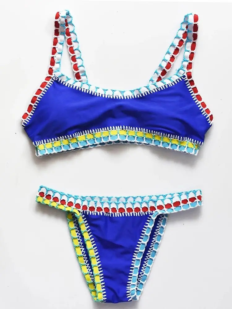 Corchet Bikini Swimsuit Women Soild Swimwear High Leg Two Piece Bathing Suit High Waist Beachwear Bandeau Biquini