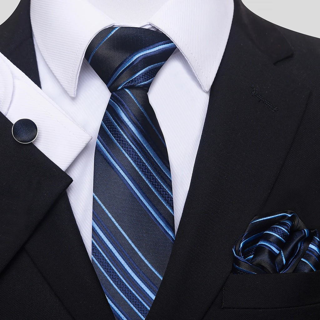 Jacquard Nice Brand Tie Pocket Squares Cufflink Set Necktie For Men Gold Striped Shirt Accessories Fit Wedding Luxury Party