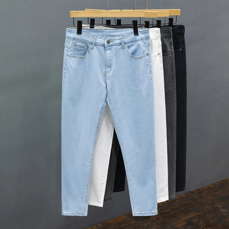 Men's Jeans Spring Summer Thin Slim Fit Elastic Cotton Soft Straight Denim Ankle Length Pants Korean Youth Fashion Trousers