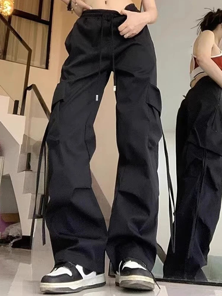 Women Korean High Waisted Slacks Lady Japanese 2000s Style Y2k Lace Up Cargo Trousers Female Yellow Pink Blue Black Joggers