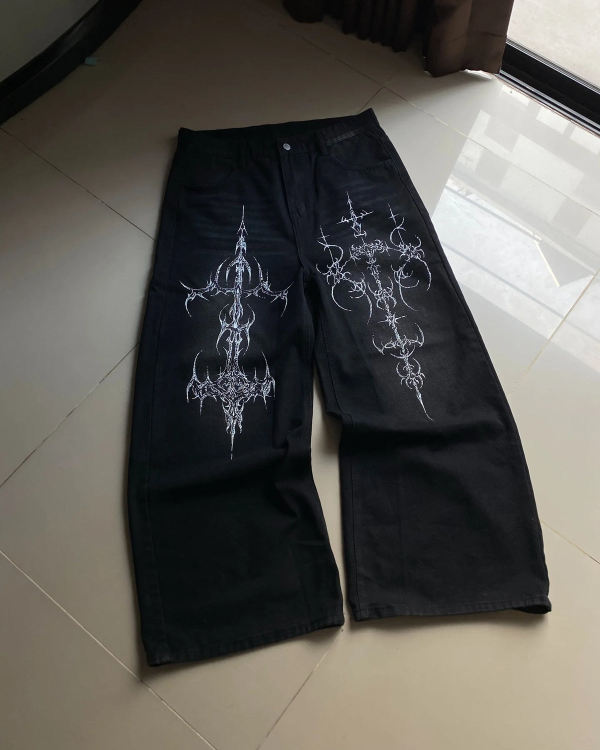 2026 new wash jeans printing double pocket baggy jeans men high street retro hip hop fashion casual couple wide-leg denim pants