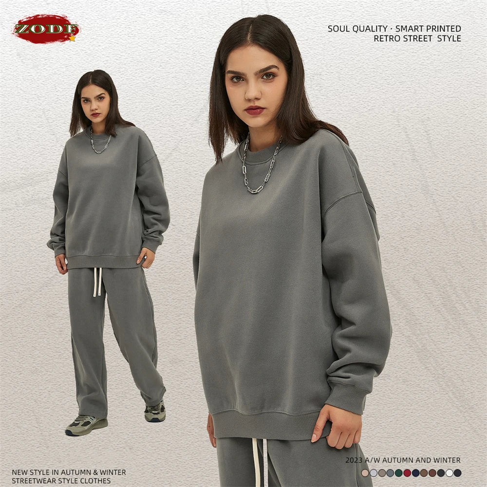 ZODF New 2025 Winter 350gsm Fleece Sweatshirts For Men Unisex Casual Loose Basic Solid O-Neck Thick Warm Pullovers HY0635