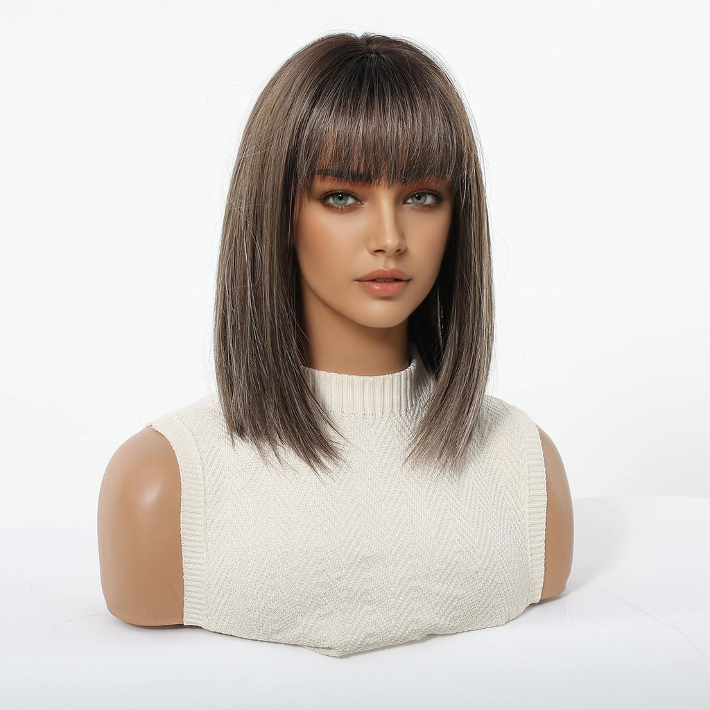 Brown Synthetic Wigs With Bangs Short Straight Bob Wigs For Women Daily Party Natural Looking Heat Resistant Fiber Fake Hair