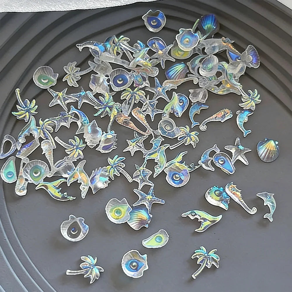 50pcs Mixed Ocean Series Nail Art Decorations White/Blue/Aurora Starfish Scallop Dolphin Nail Charm Marine DIY Manicure Supplies