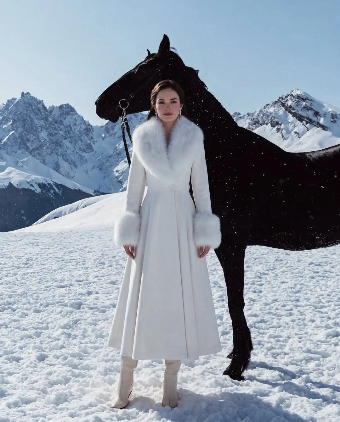 Luxury Women Faux Fur Trim Long Wool Coat Big Fur Collar Cuffs Slim Waist A-line Flared Maxi Dress Coat Daily Dating Outerwear