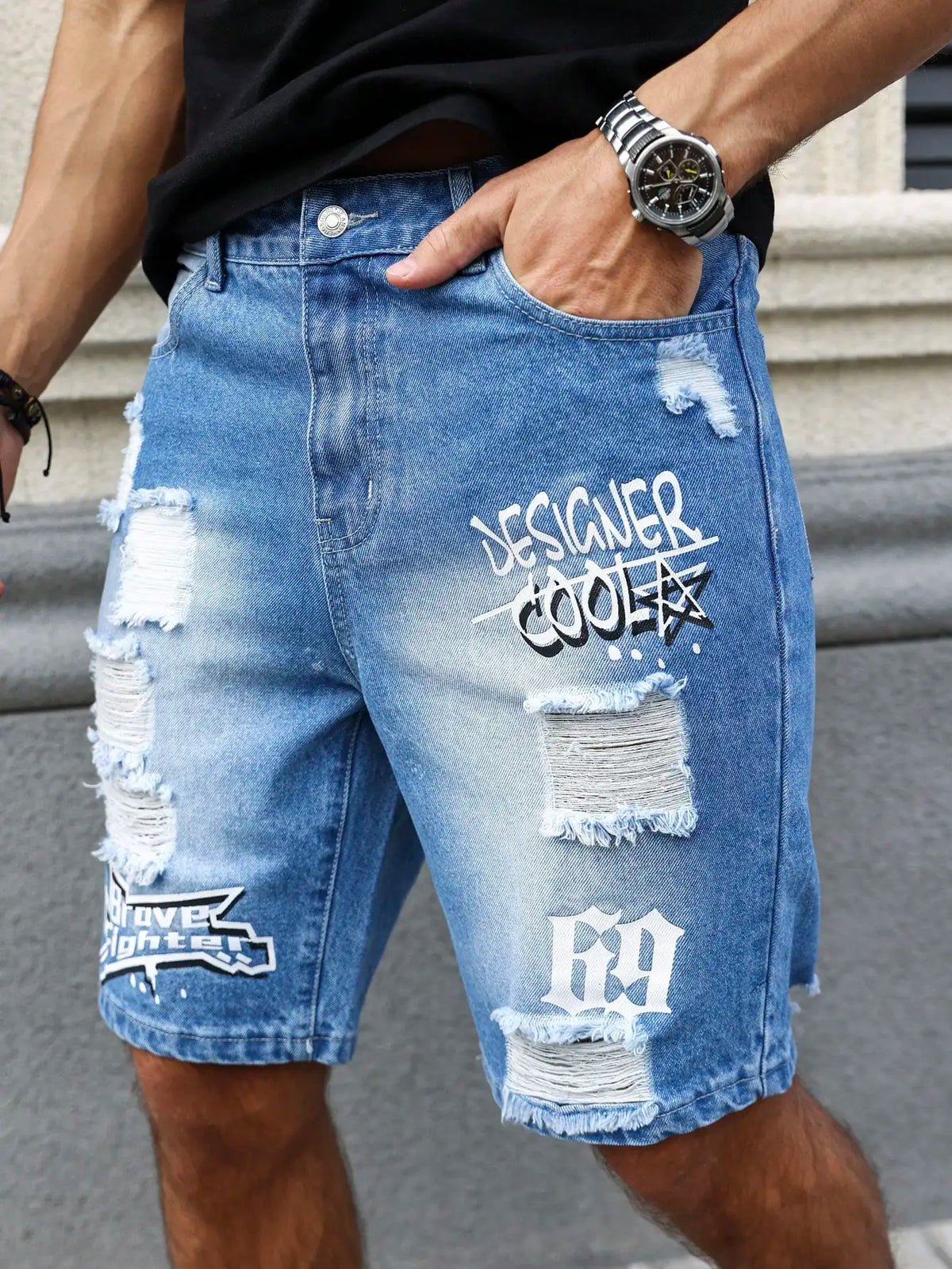 Men's Summer Blue Ripped Printed Denim Shorts. Trendy Ripped Design. Stylish Text Prints.