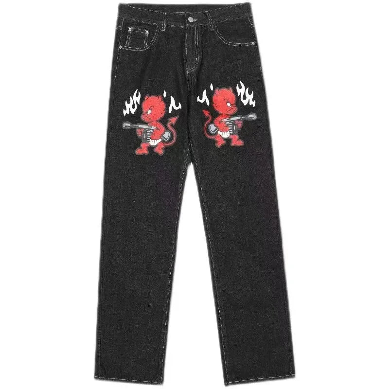 Cross Pattern Design White Flash Fashionable Element Baggy Denim Pants Daily Commute Necessary Minimalism Straight Leg Jeans
