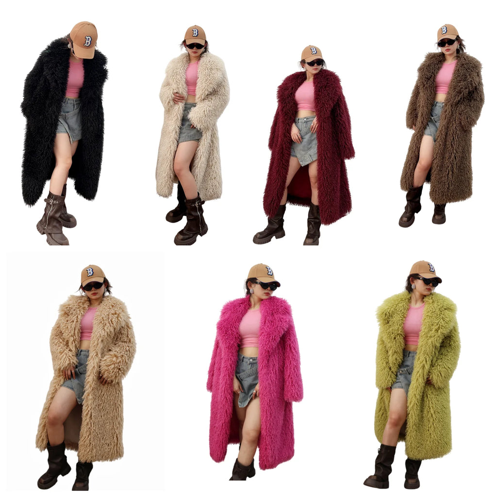 New Colorful Fahionable Faux Fur Mongolian Jacket Long Tailored Collar Plush Winter Coat for Women Elegant Loose Fit Outerwear