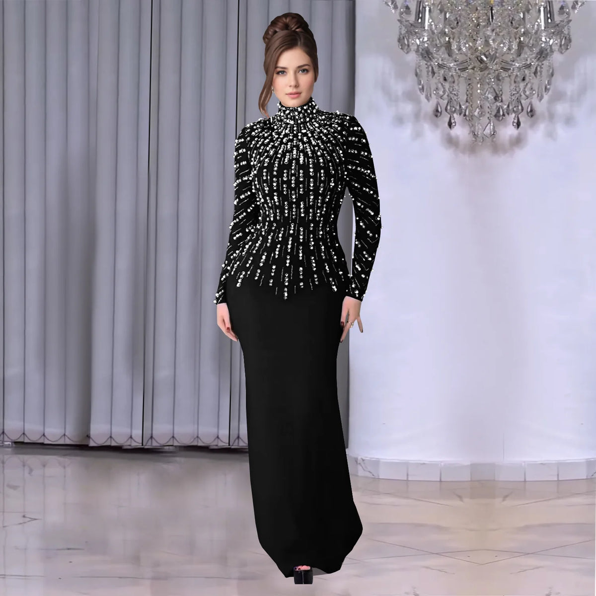 Temperament Elegant Party Diamond Pearl Long Bodycon Dress Women O Neck Long Sleeve Glitter Club Evening Black Sheath Maxi Dress
