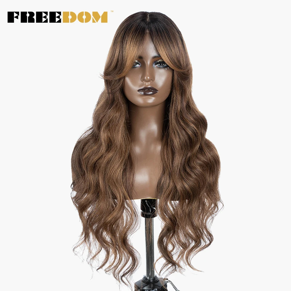 FREEDOM Synthetic Lace Wigs For Black Women Long 28 inch Body Wave Wavy Middle Part Lace Wig Ombre Blonde Brown Cosplay Wigs