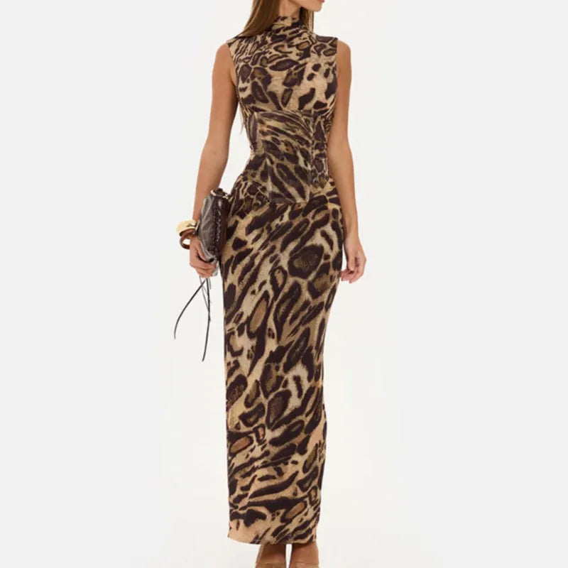 Leopard Print Dress Women's Temperament Waist Slim Fishbone Fixed Drawstring Dress Spring Summer Sleeveless Commuting Long Skirt