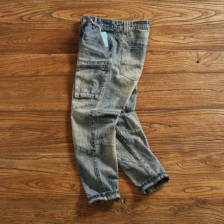 Machete splicing motorcycle jeans men's American vintage wash to make old slim small straight leg cargo denim pants