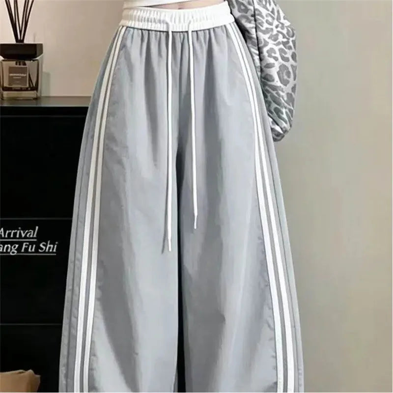 Loose Joggers Pants Women Stripes Drawstring Pants Streetwear Hip Hop Y2k Baggy Wide Leg Sweatpants Casual Fashion Thin Trousers