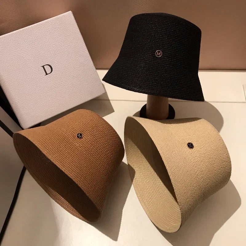 Japanese Designer M Straw Weaving Hat Summer Casual Travel Sunscreen Slim-face Sun Hat Women Luxury Simple Bucket Hats Panama
