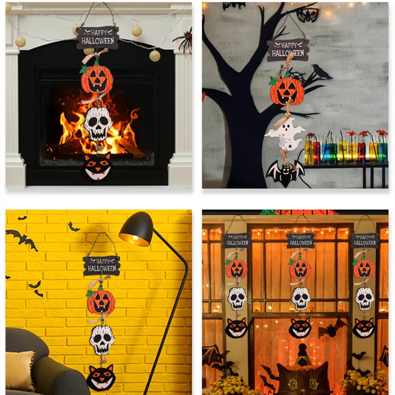 Halloween Wooden Decorations Pumpkin Bat Skeleton Ghost Pendant Hanging Ornament Wall Decor Horror Props Halloween Party Decor