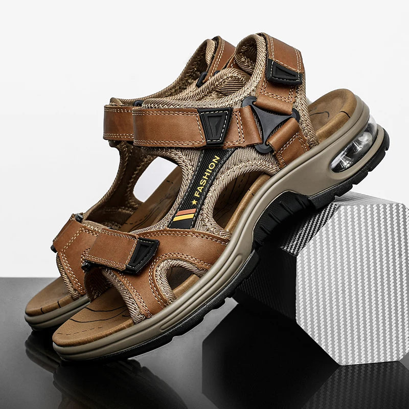 New Fashion Men's Sandals Summer Genuine Leather Sandals Outdoor Beach Sandals Non-slip Breathable Men's Wading Shoes Size 38-46