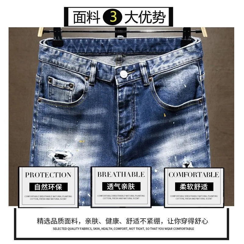 Spring and Autumn New Fashion Trend Straight Tube Perforated Elastic Jeans Men's Casual Slim Fit Sports High-Quality Pants 28-36