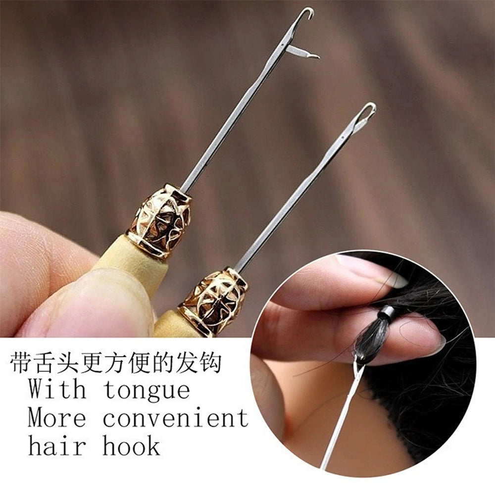 Hair Extensions Beads Tools Kit Extensions Micro Pulling Needle Wood Hair Hook with Tongue Hair Crochet Hook