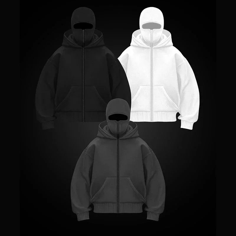 2025 Men's and Women's Balaclava Y2K Gothic Harajuku Winter Fashion Double Hooded Sportswear Men's Hooded Mask Zipper Sportswear