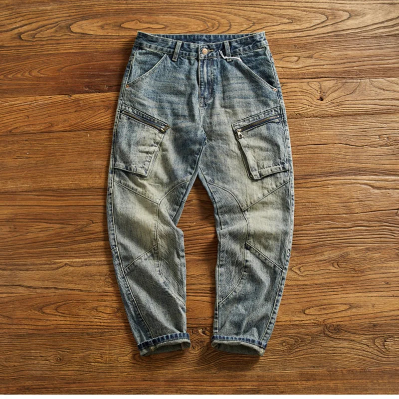 Machete splicing motorcycle jeans men's American vintage wash to make old slim small straight leg cargo denim pants