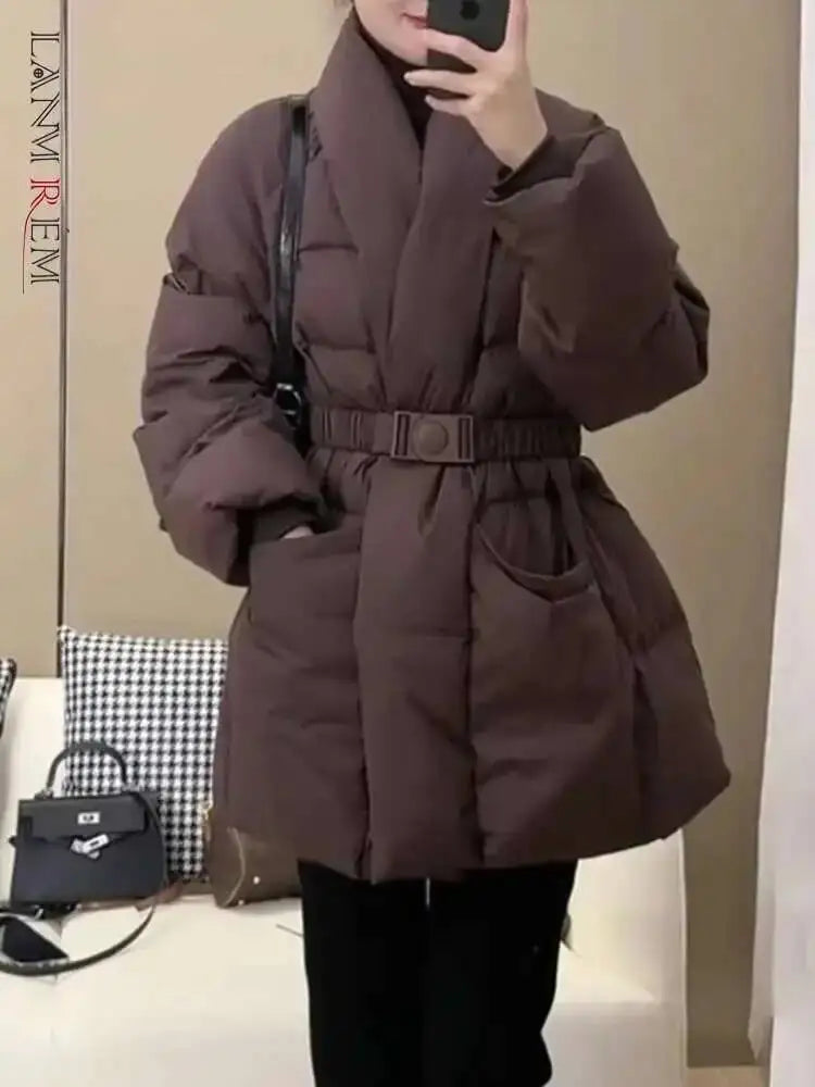 LANMREM Cotton Padded Coat With Belt Long Sleeves Big Size Solid Warm Jacket 2024 Winter New Female Fashion Streetwear 2Z288516