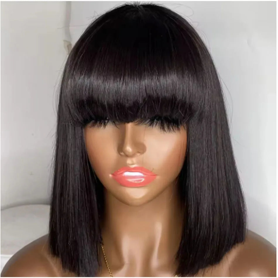 Pre Plucked Short Bob Human Hair Bone Straight Wig With Bangs 250% Lace Wig Glueless Brazilian Wig For Black Women Ready To Wear