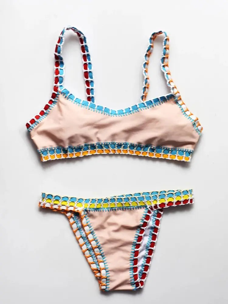 Corchet Bikini Swimsuit Women Soild Swimwear High Leg Two Piece Bathing Suit High Waist Beachwear Bandeau Biquini