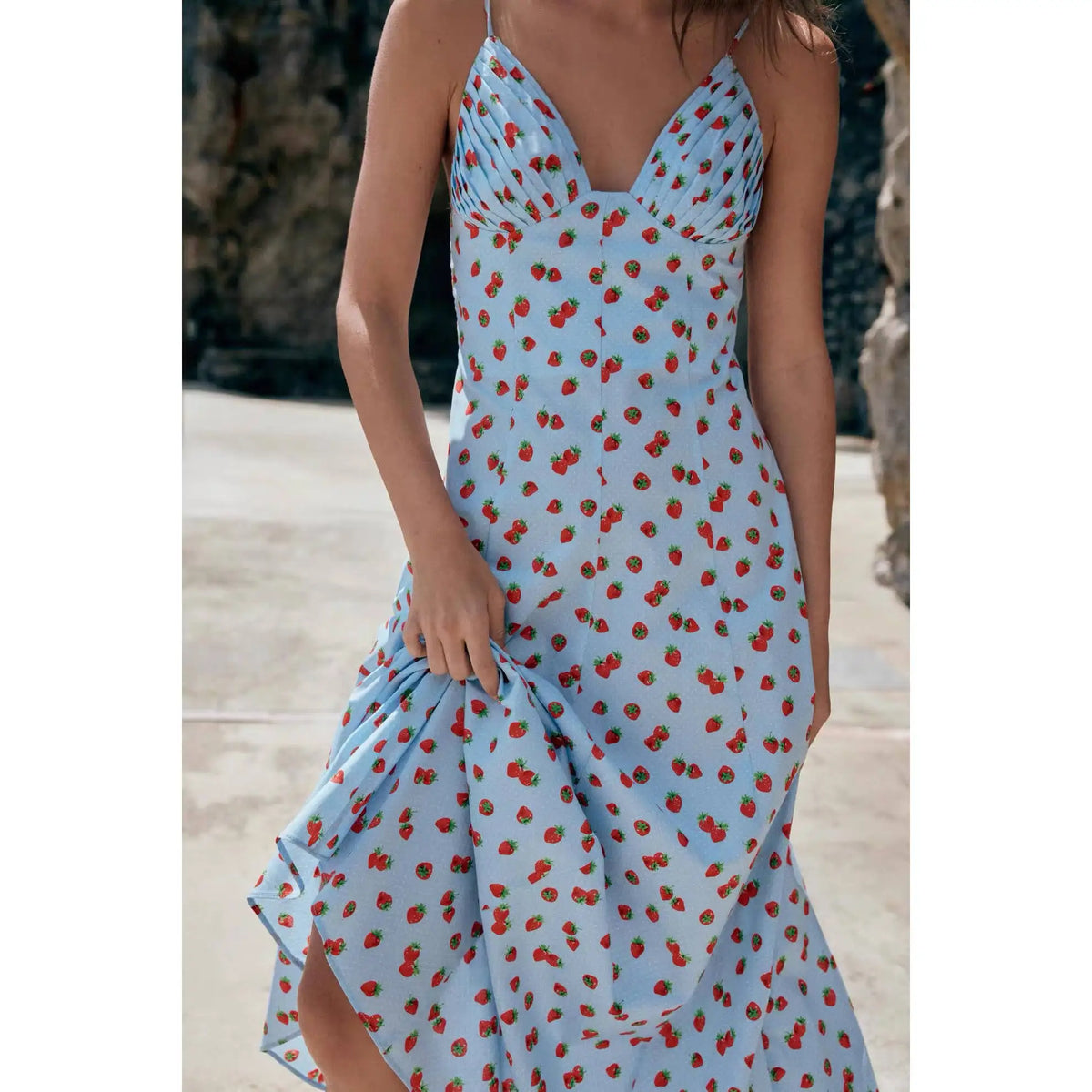 Spring Summer New Arrival Women's Fashionable Versatile V-neck Strawberry Print Strapless Dress Polyester Fiber A-line Skirt