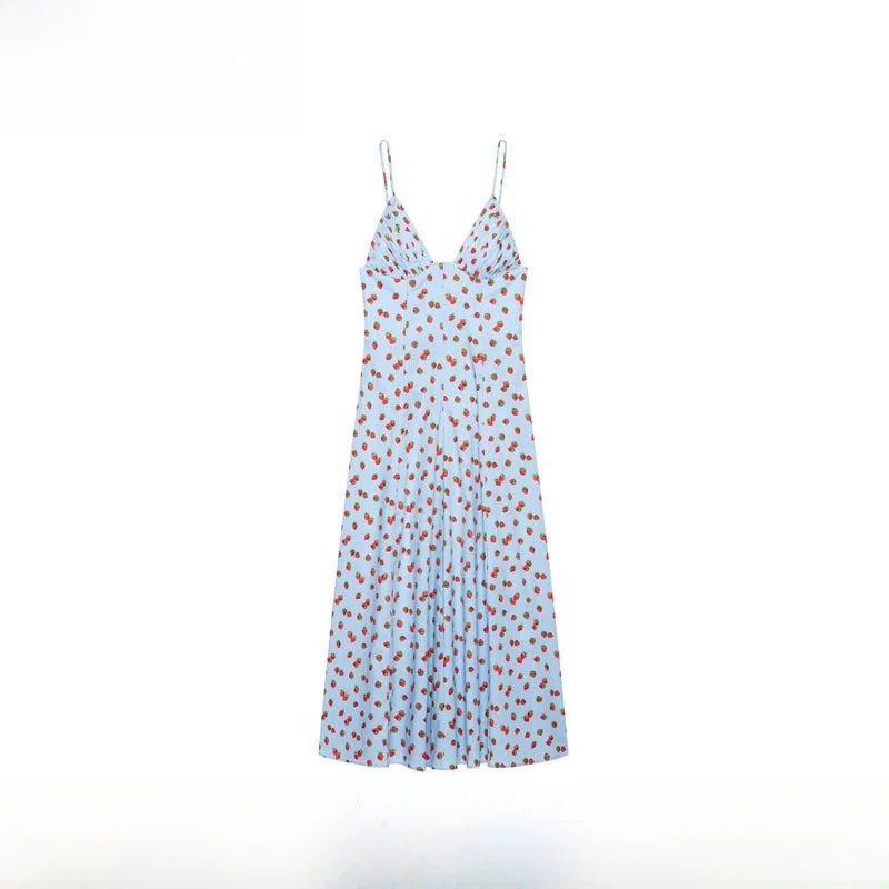 Spring Summer New Arrival Women's Fashionable Versatile V-neck Strawberry Print Strapless Dress Polyester Fiber A-line Skirt