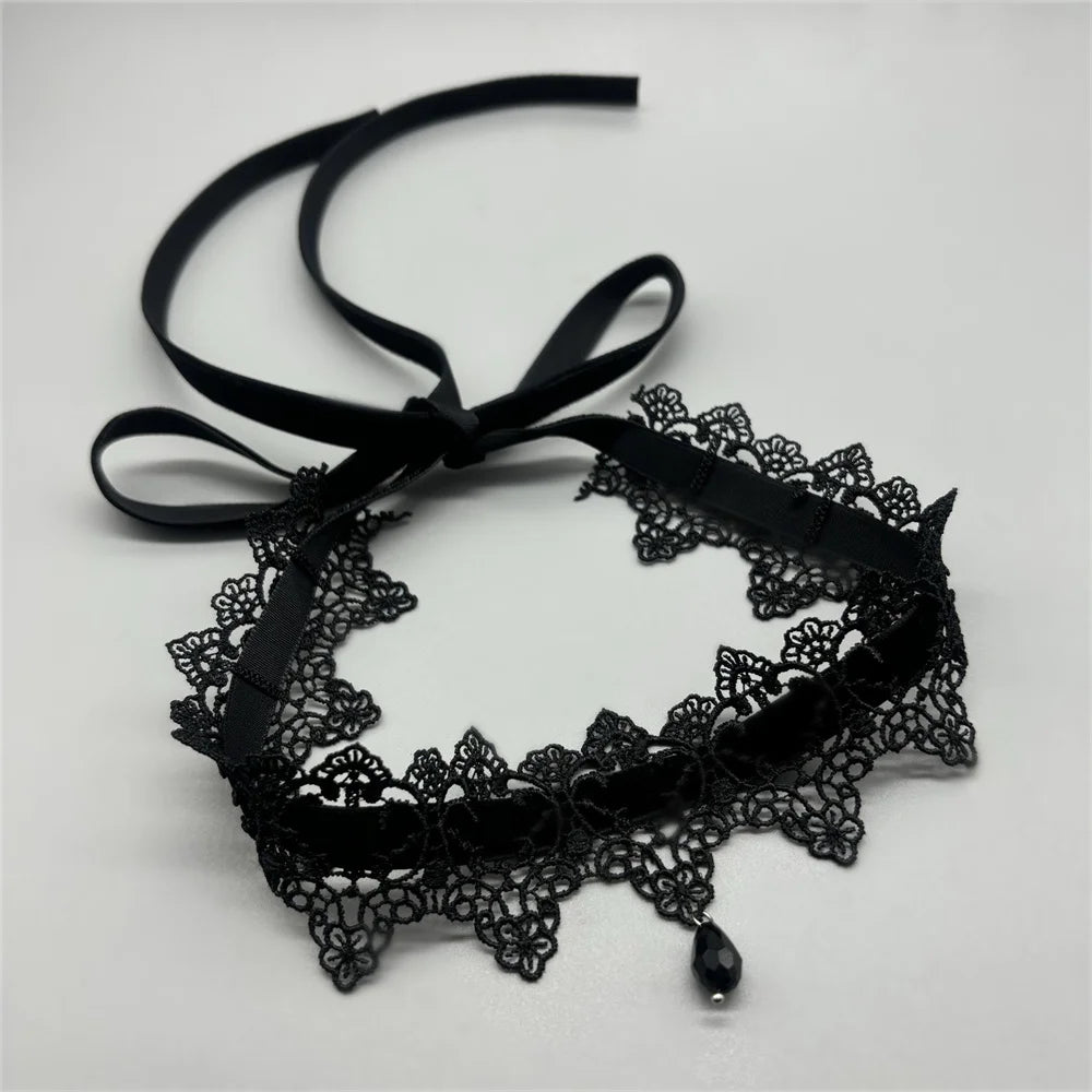 2026 New Sexy Lace Flower Necklace for Women Gothic Punk Velvet Collar Choker Black Waterdrop Pendent Necklace Strap Bow Jewelry