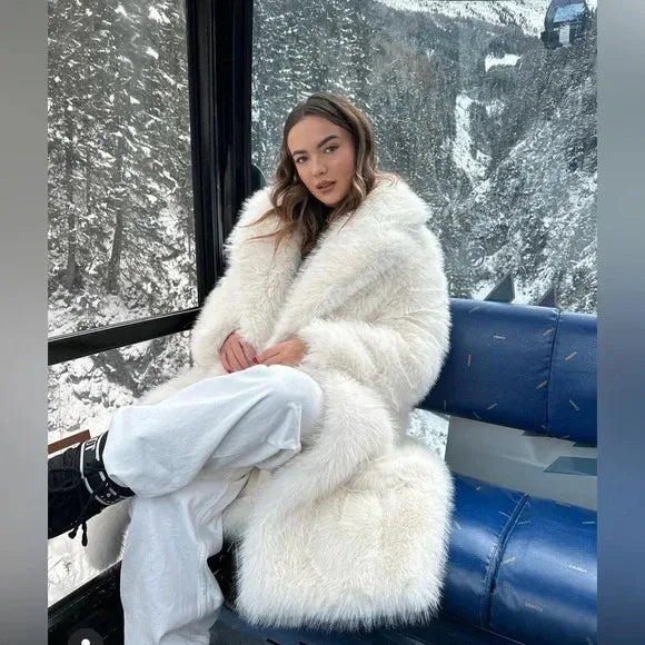 Faux Fox Fur Coats Women Long Fur Jacket Solid Turn Down Collar Long Sleeves Thick Warm Fur Loose Fit Casual 2025 Autumn Winter