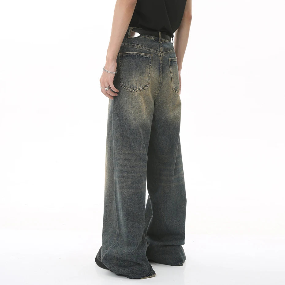 Vintage Blue Loose Denim Pants Men Retro Straight Baggy Jeans Wide Leg Casual Black Jeans Trousers
