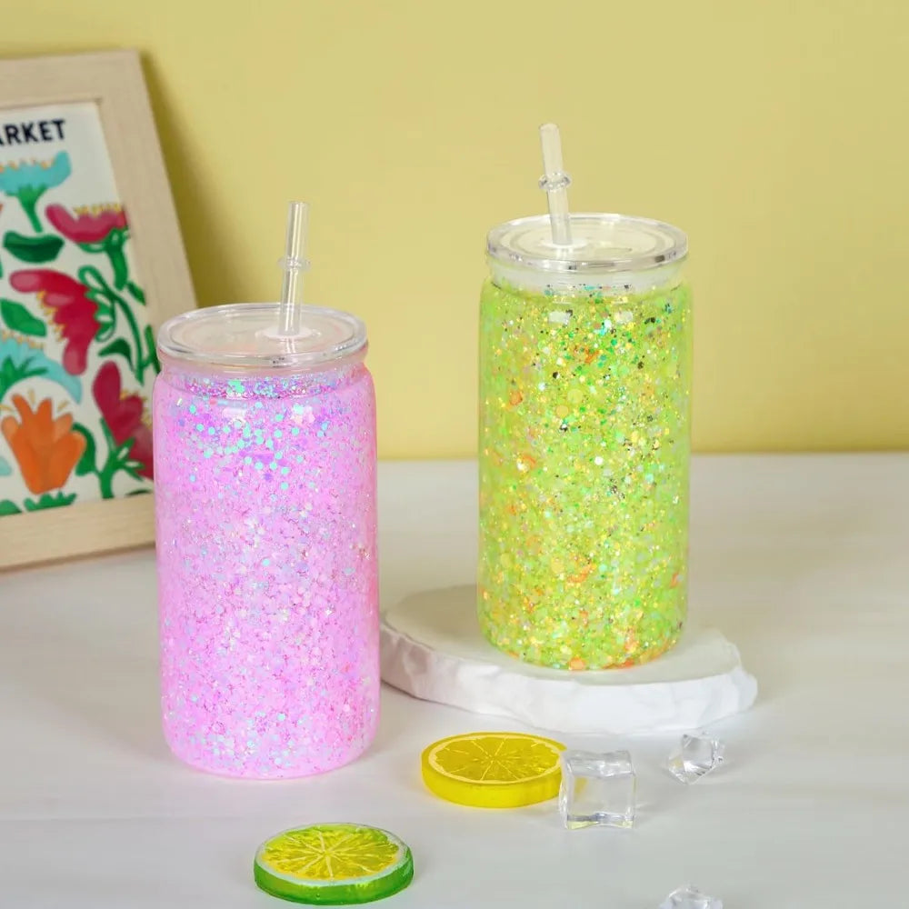 Plastic Snow Globe Tumbler 16 oz 16 Pack DIY Clear Glitter Mason Jar Cups with Pre Drilled Hole Double Wall Insulated
