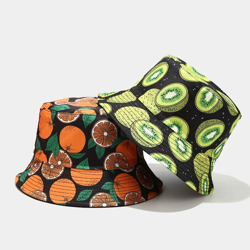 New Creative Fruit Pattern Fisherman's Hat Unisexdouble Sided Bucket Cap Uv Protection Panama Sun Caps for Girls Beach Hats