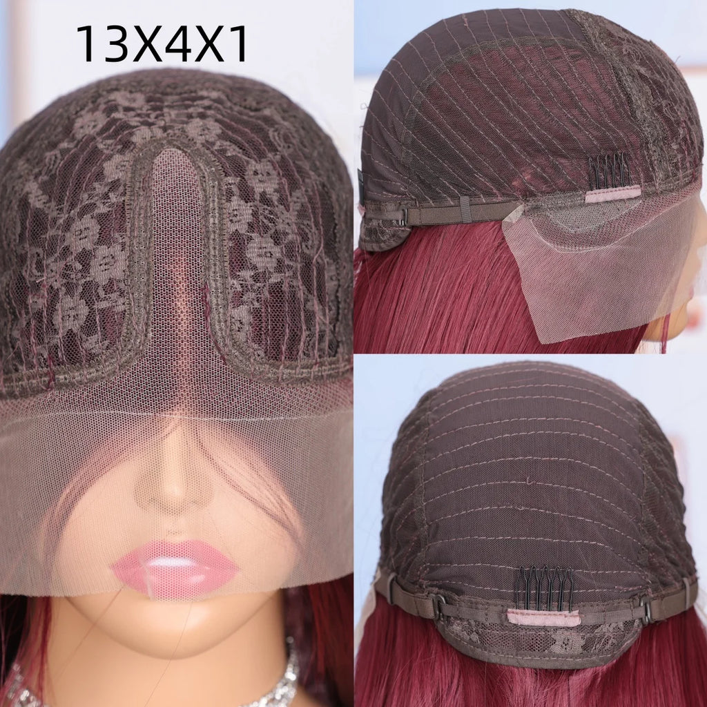 99J Red Burgundy Color Short Bob Cut Jerry Curly Synthetic 13X4X1 Lace Front Synthetic Wig For Women Preplucked Bleach Knots